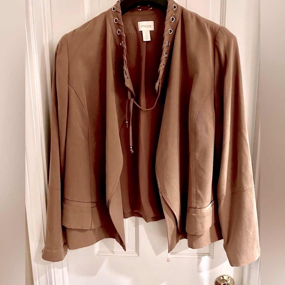 Women’s Chicos Light Brown Topper Jacket, size 14- soft suede like feel